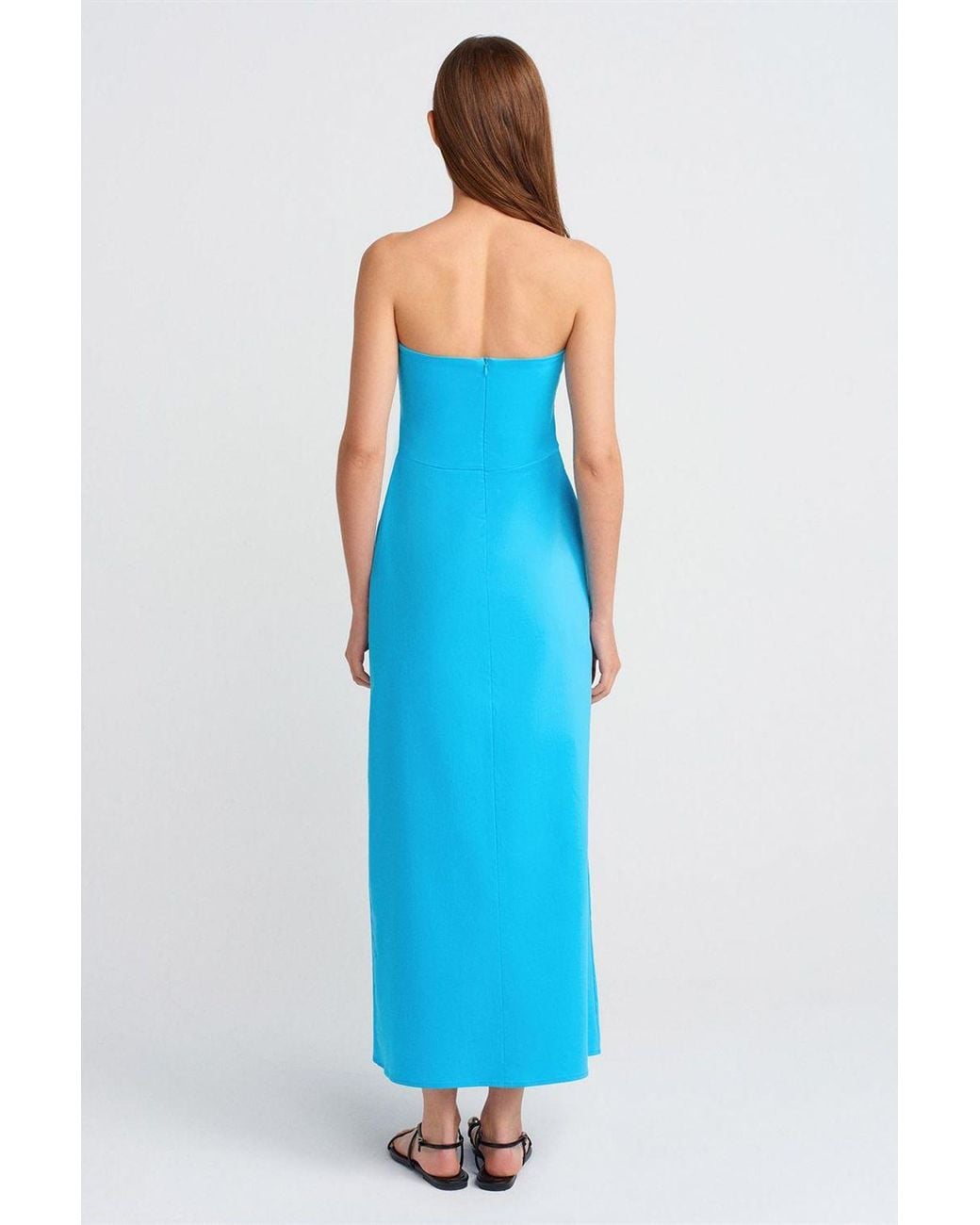 Dilvin Blue Strapless Fitted Midi Dress With Slit