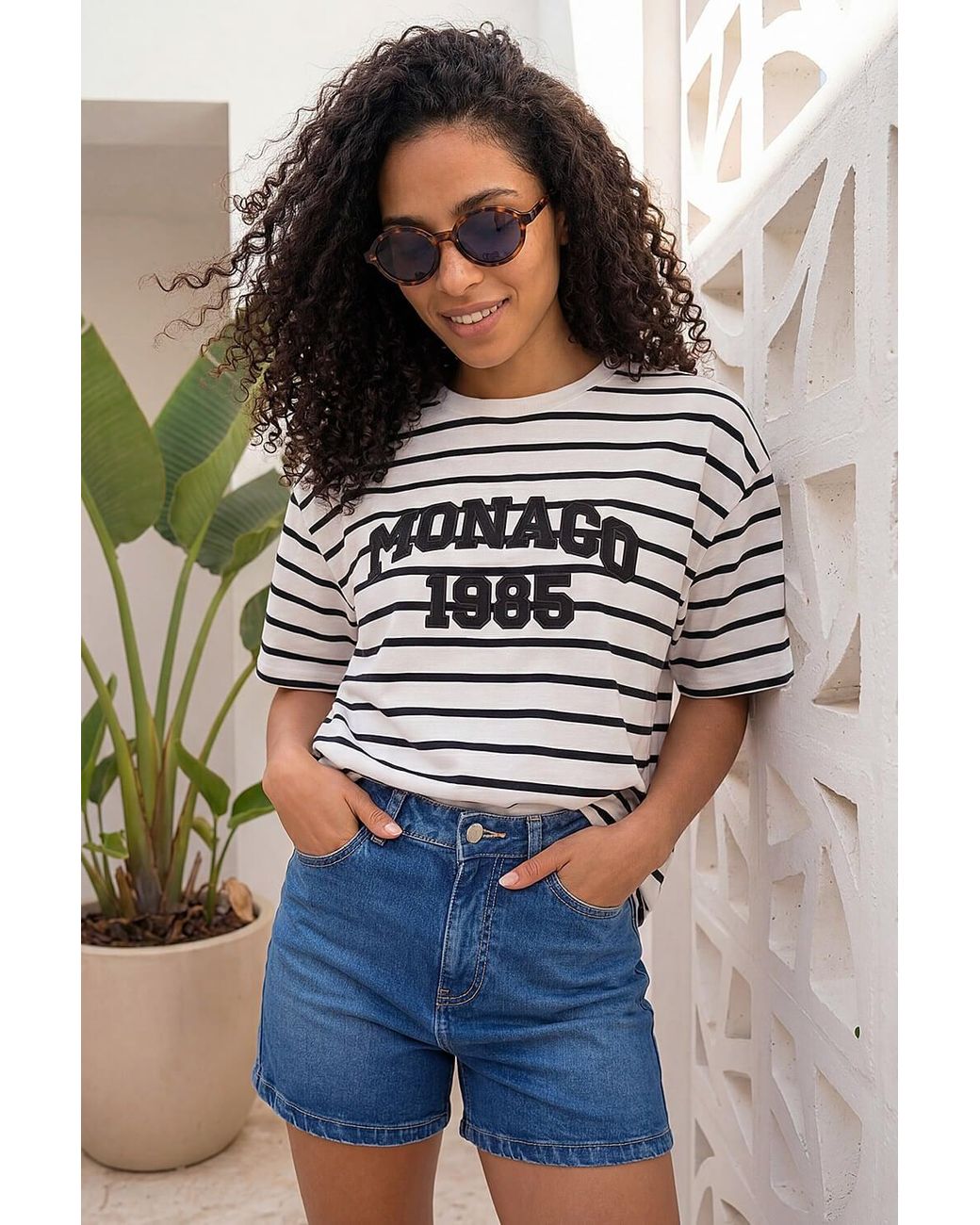 Roman Blue Monaco Stripe Print Cotton Top