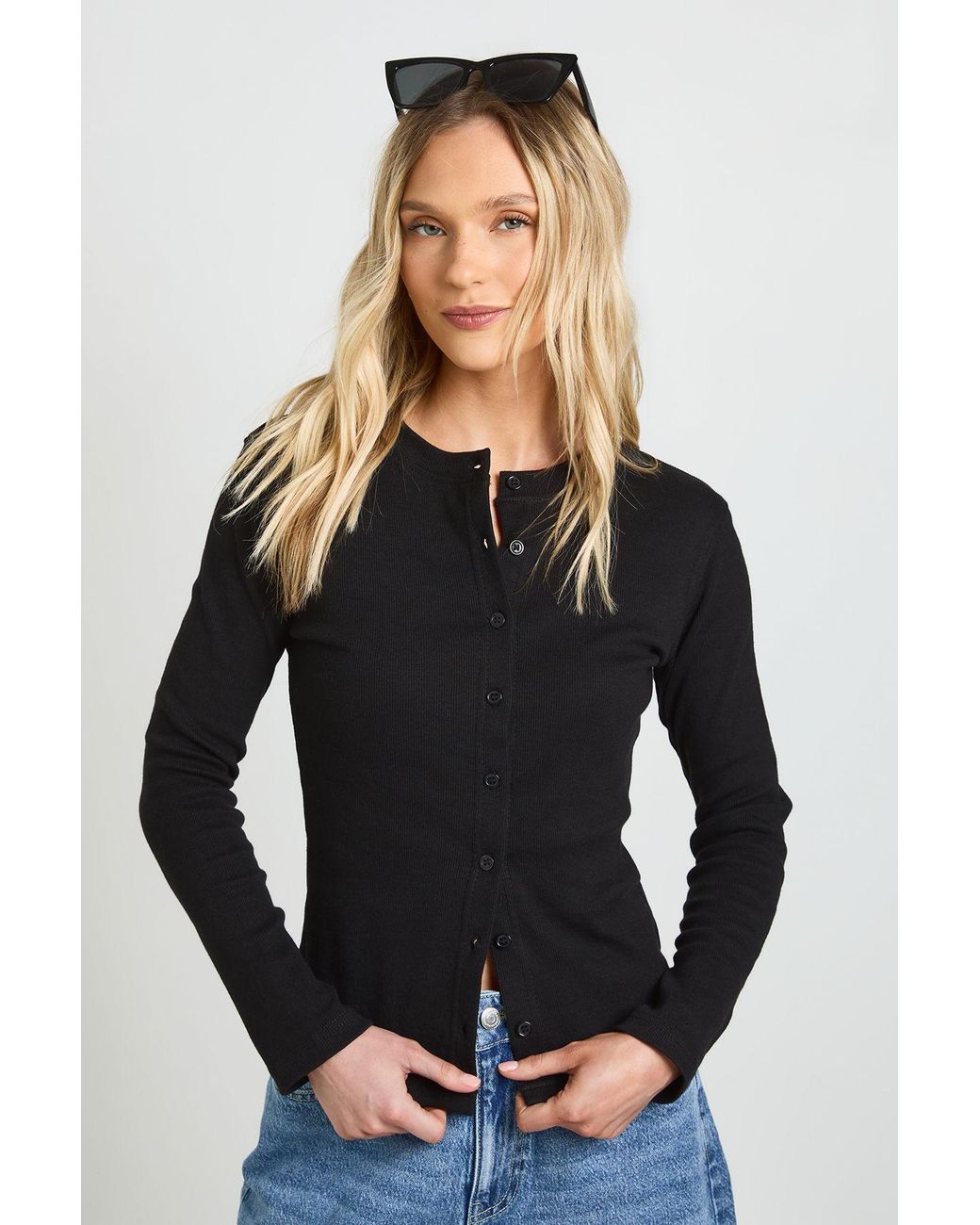 Boohoo Black Petite Rib Button Through Long Sleeve Top