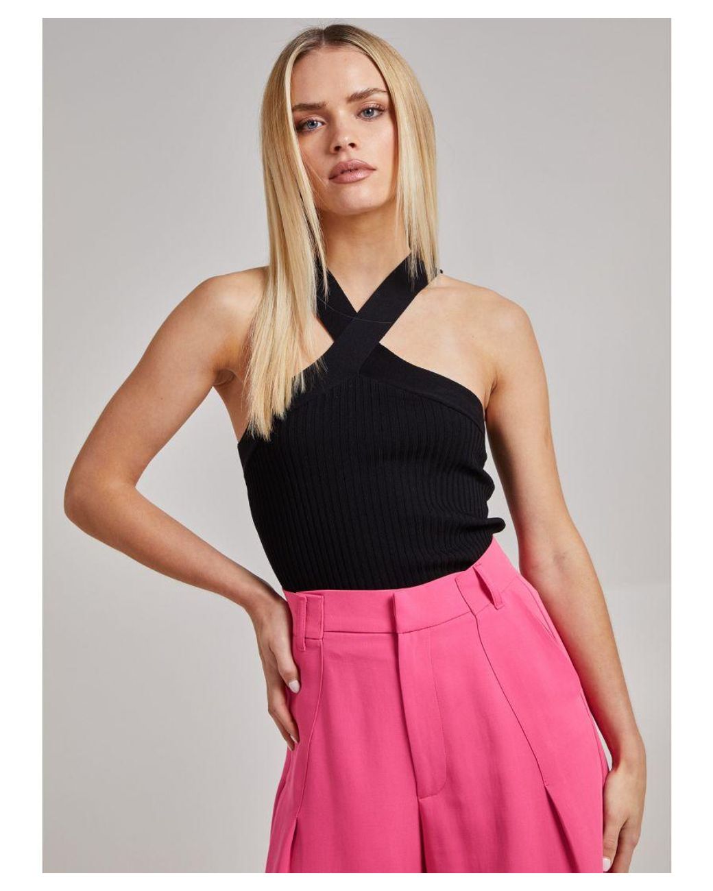 Pink Vanilla Pink Ribbed Sleeveless Halter Neck Top