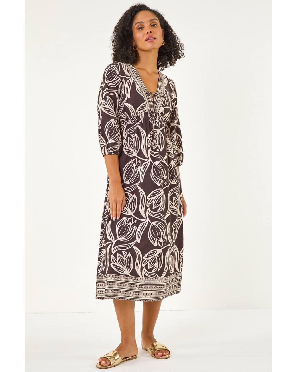 Roman Brown Leaf Border Print V-Neck Midi Dress
