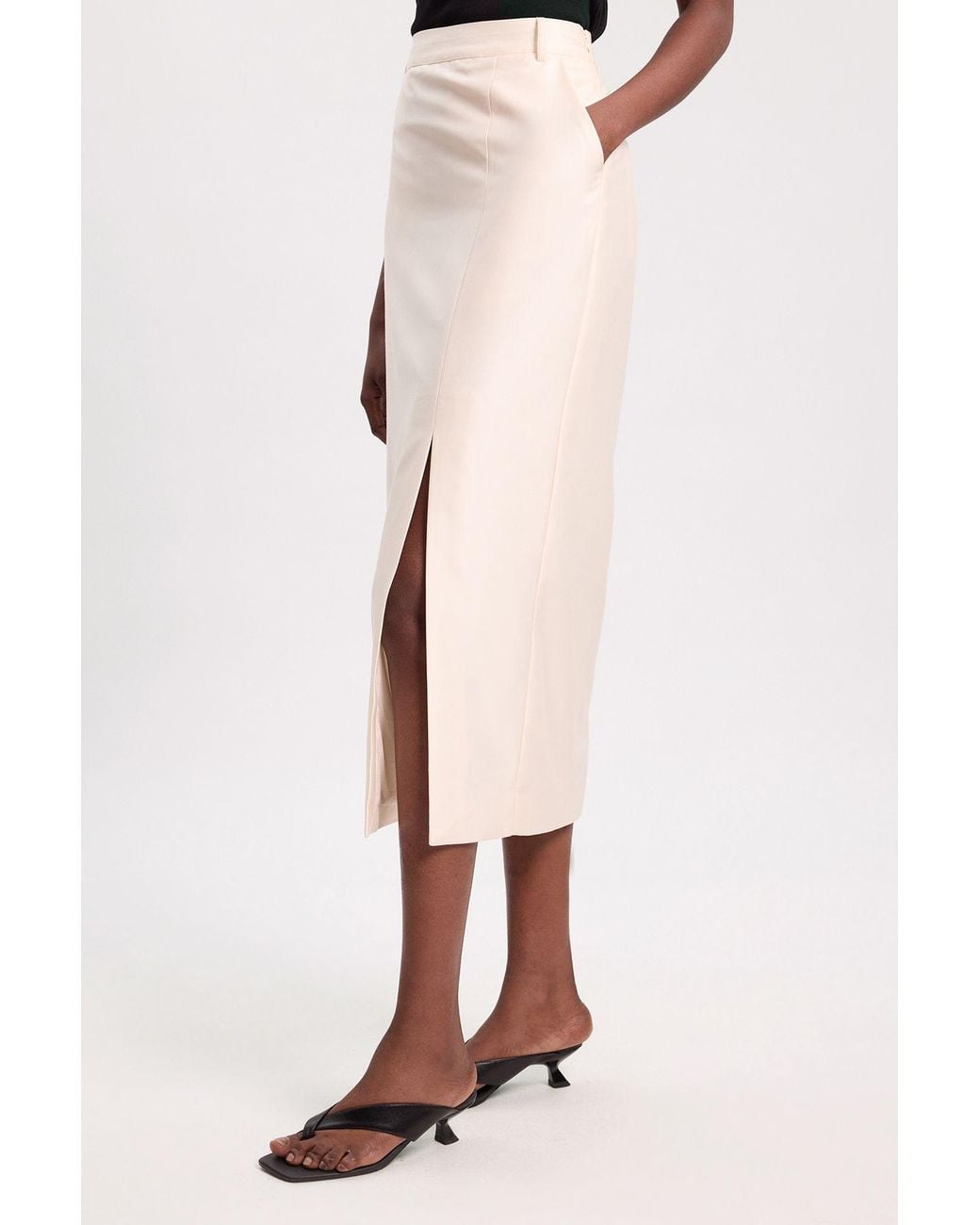 Karen Millen White Tailored Satin Pencil Midi Skirt