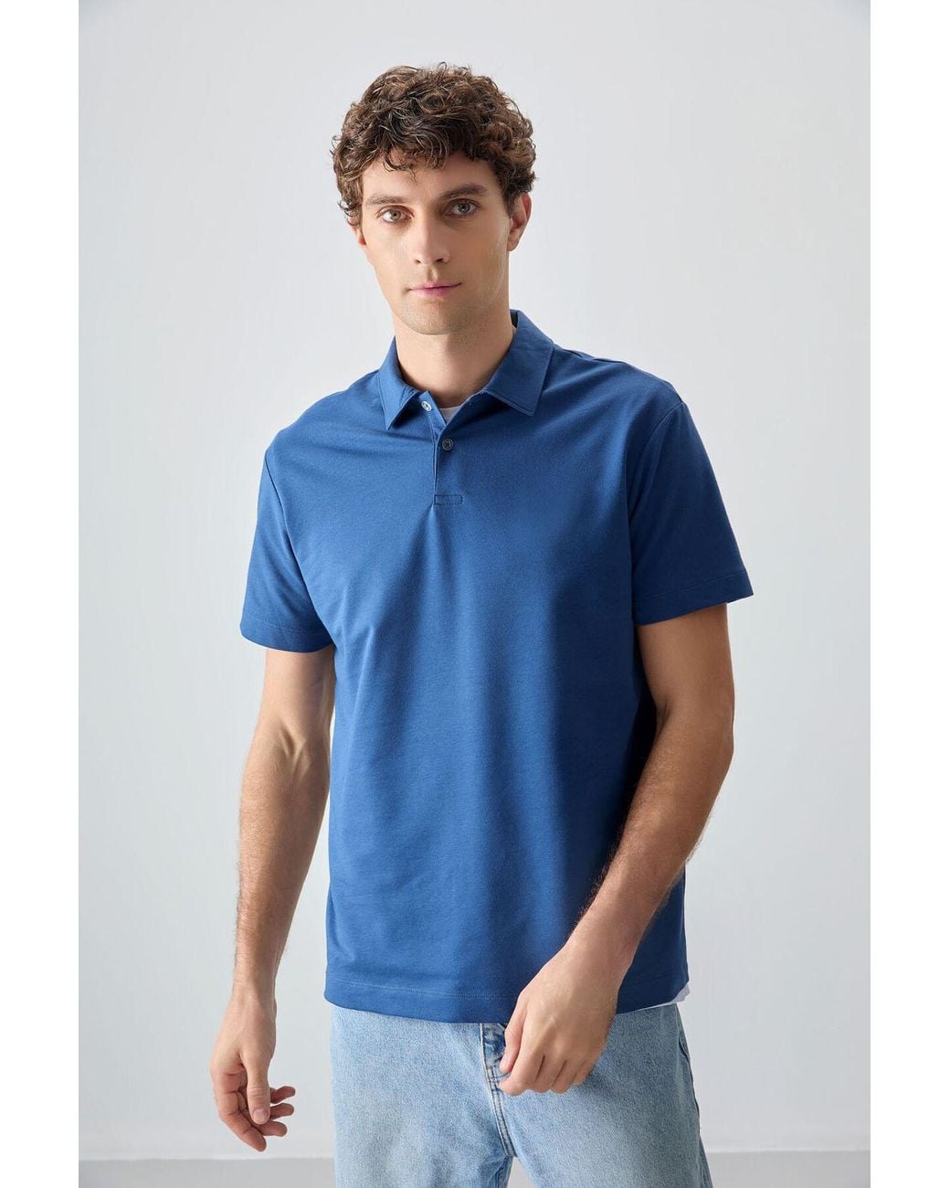 TOMMY LIFE Blue Oversized Polo Collar T-Shirt for men