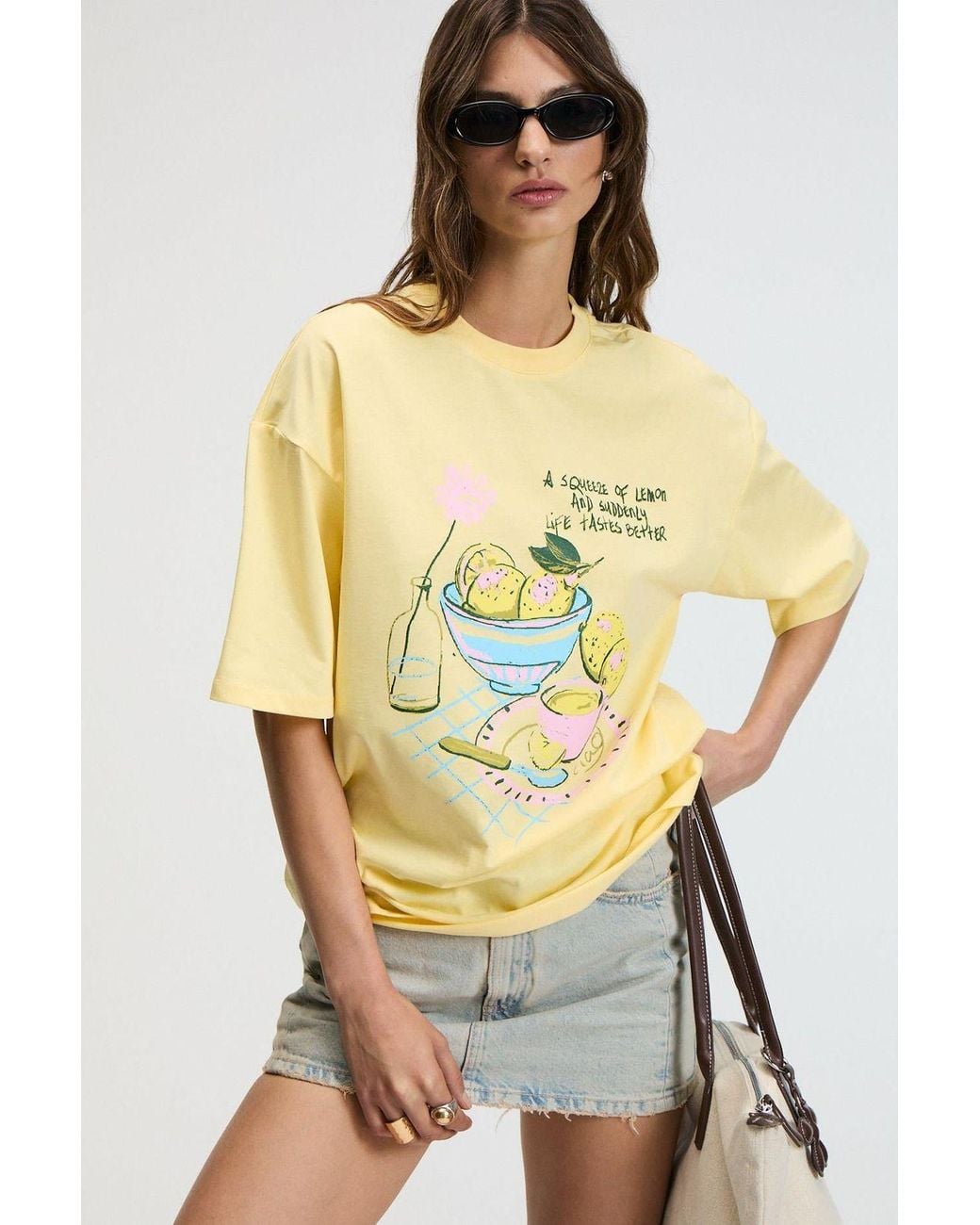 Grimelange Yellow Oversized Printed Crew Neck T-Shirt