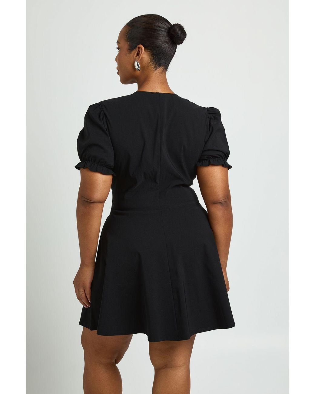 Boohoo Black Plus V Neck Puff Sleeve Smock Dress