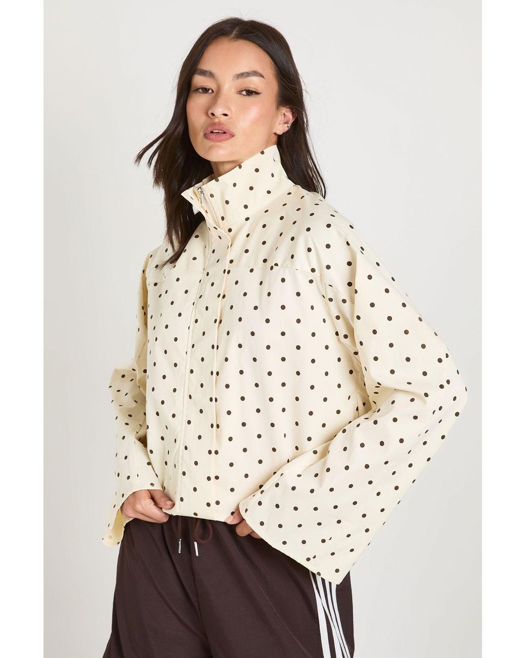 Boohoo Natural Funnel Neck Twill Polka Dot Zip Through