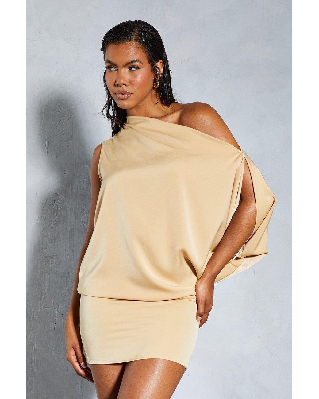 misspap satin off shoulder asymmetric bodycon mini dress Black MissPap Satin Off Shoulder Asymmetric Bodycon Mini Dress