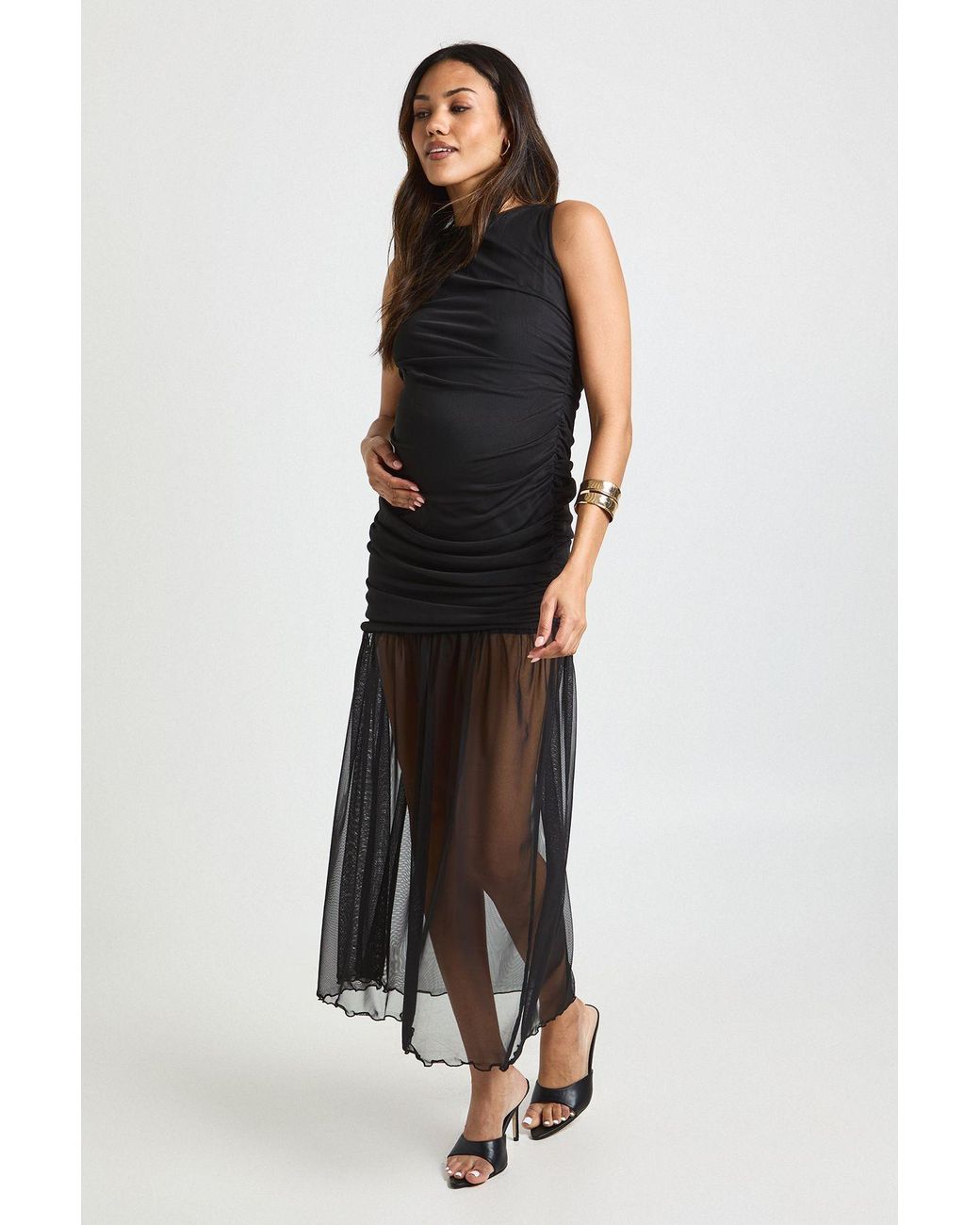 Boohoo Black Maternity Ruched Waist Sheer Skirt Maxi Dress