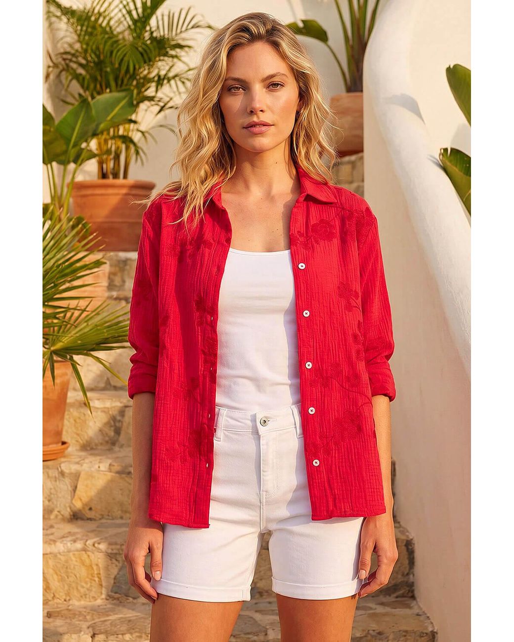 Roman Floral Embroidered Collared Shirt