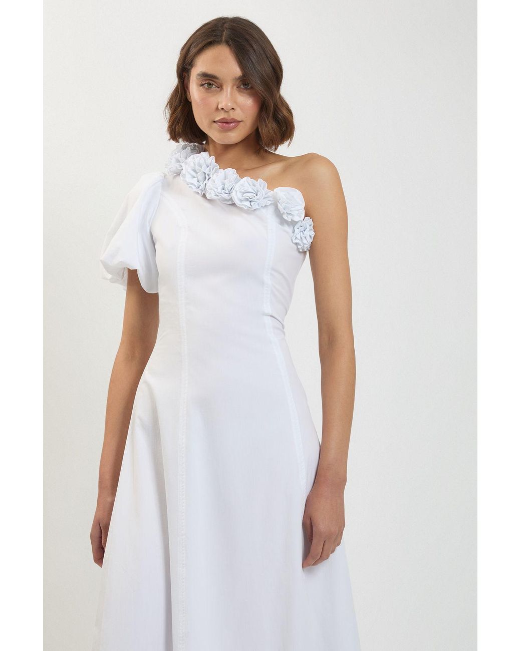 Karen Millen White Corsage Detail Cotton Poplin Midi Dress