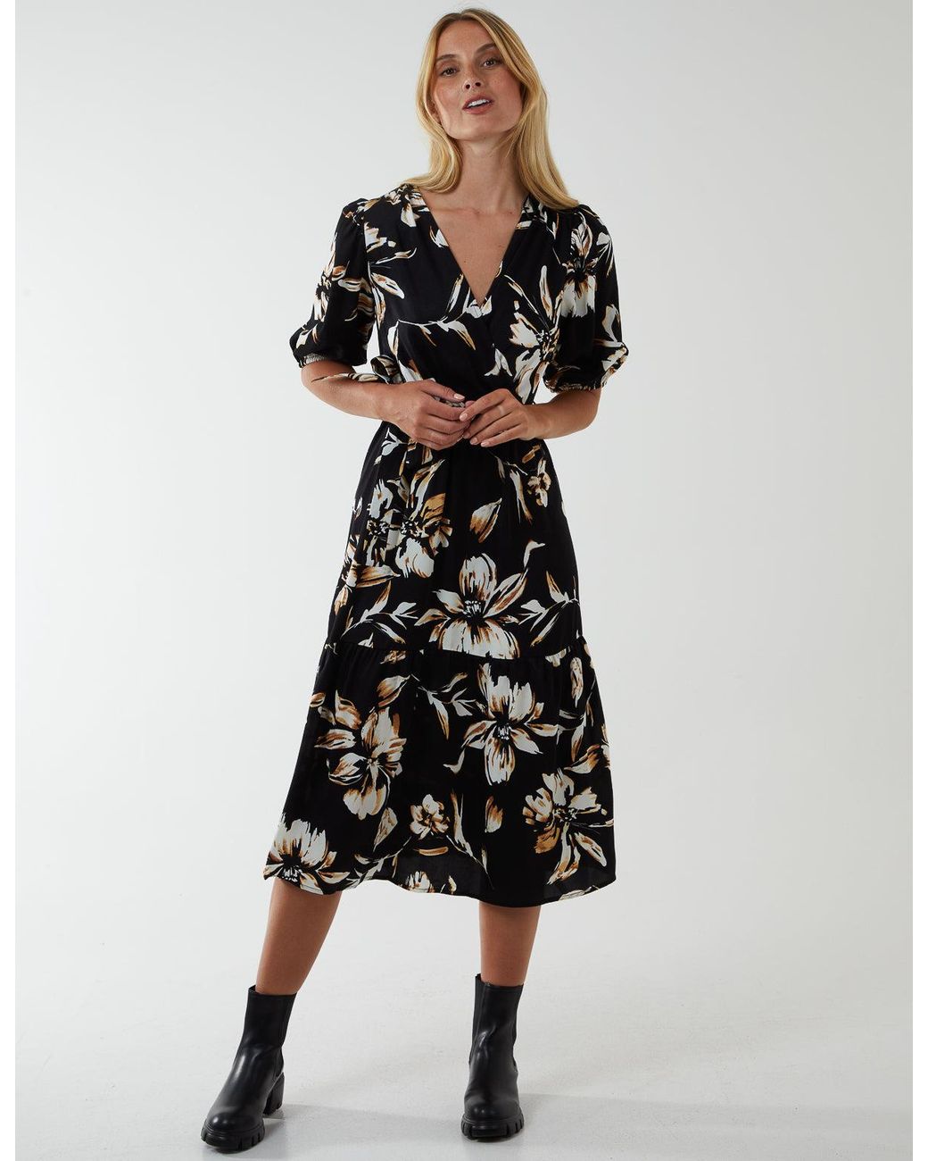 Blue Vanilla Black Wrap Front Tier Hem Midi Dress