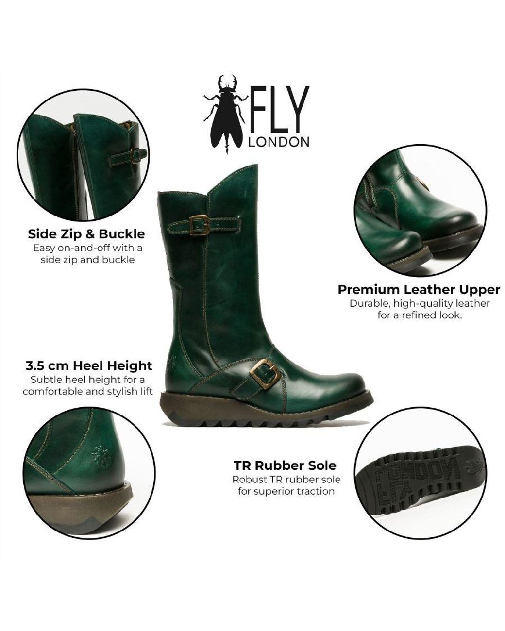 Fly London Green Mes 2 Wedge Heel Buckle Mid-Calf Leather Zip Platform Boots