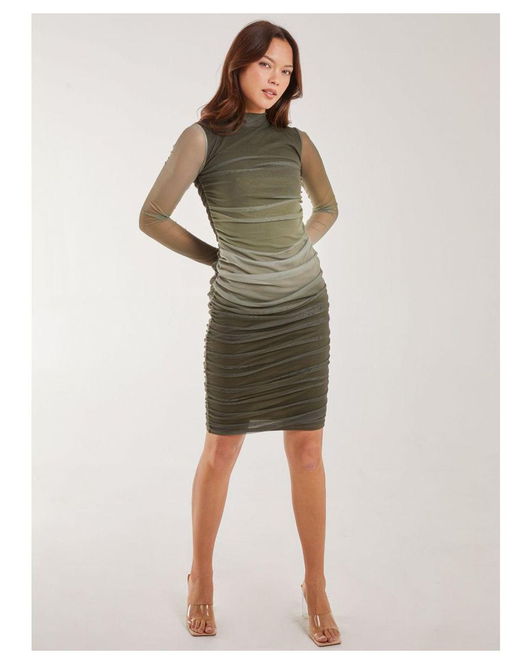 Pink Vanilla Green Long Sleeve Ombre Mesh Midi Dress