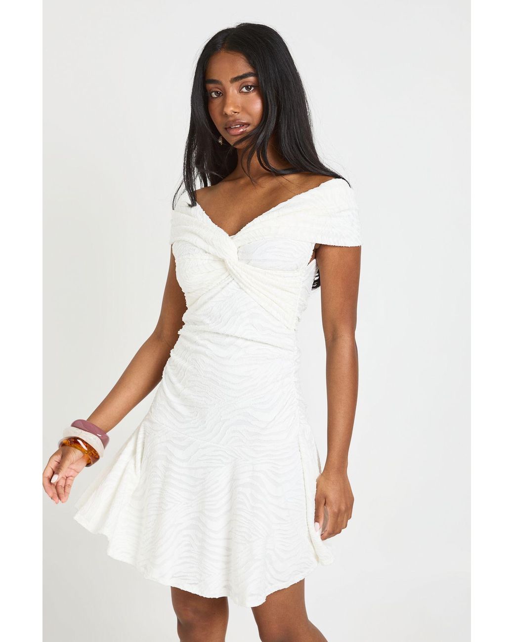 Boohoo White Burnout Zebra Twist Bardot Frill Hem Dress