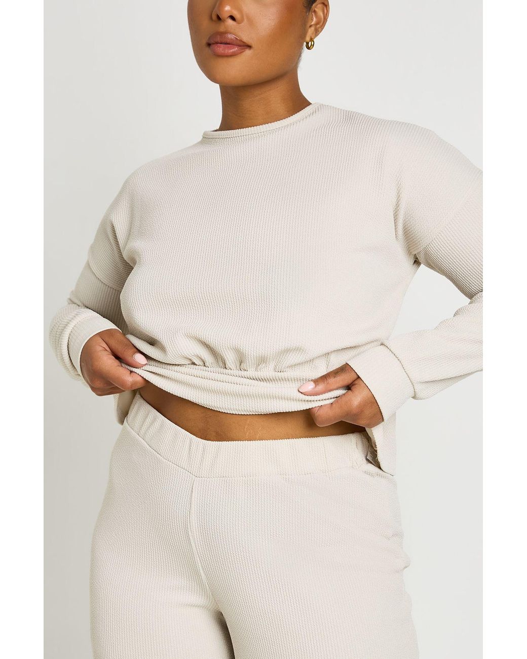 Boohoo Natural Plus Cinched Waist Long Sleeve Top And Trouser Co Ord