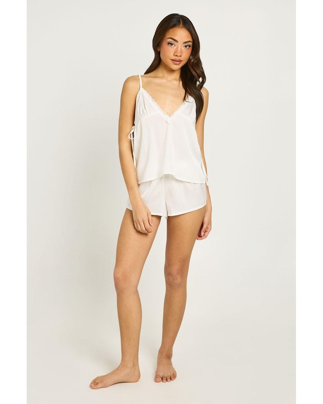 Boohoo White Bridal Lace Detail Satin Tie Back Cami & Short Pyjama Set