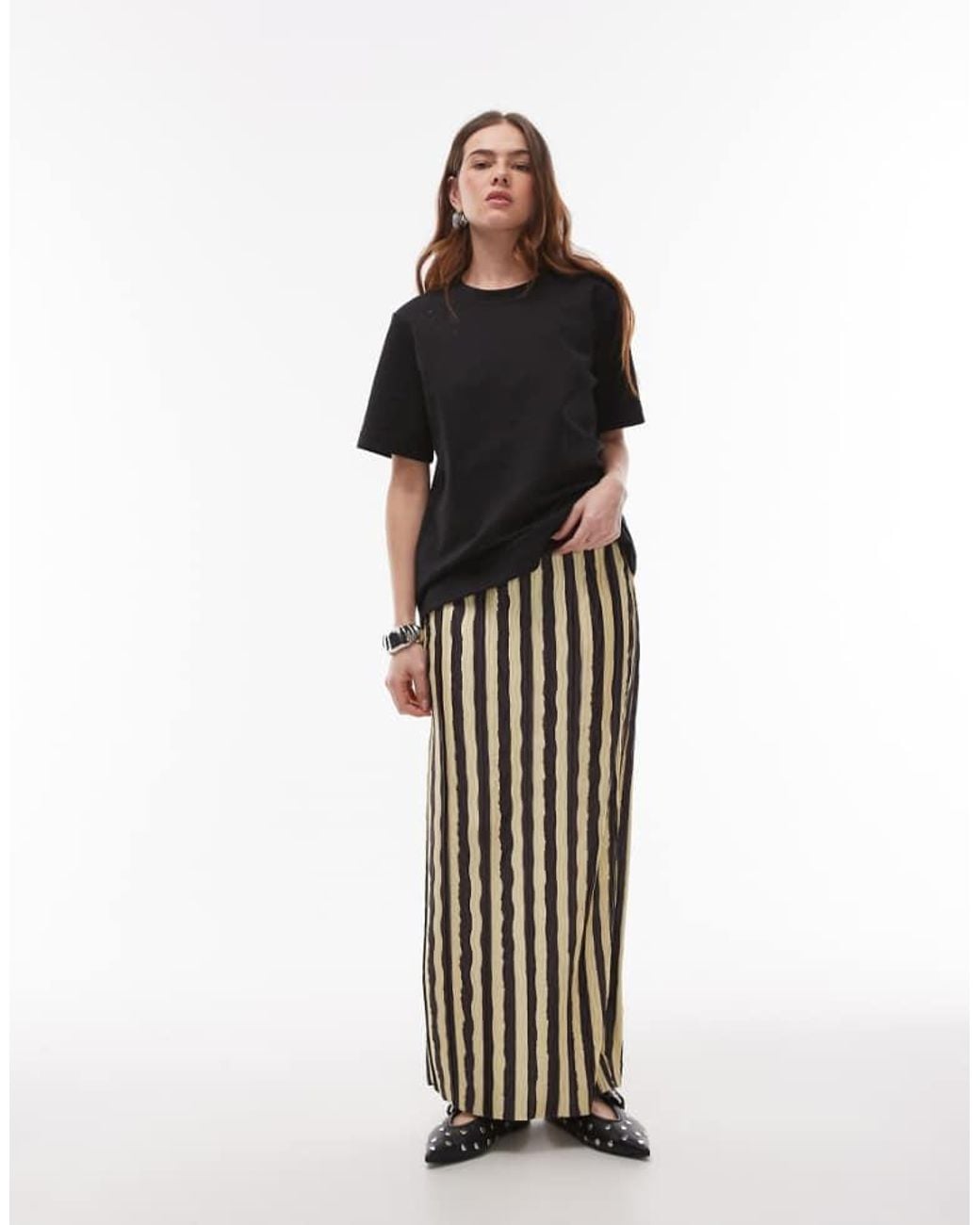 TOPSHOP Brown Stripe Plisse Midaxi Skirt