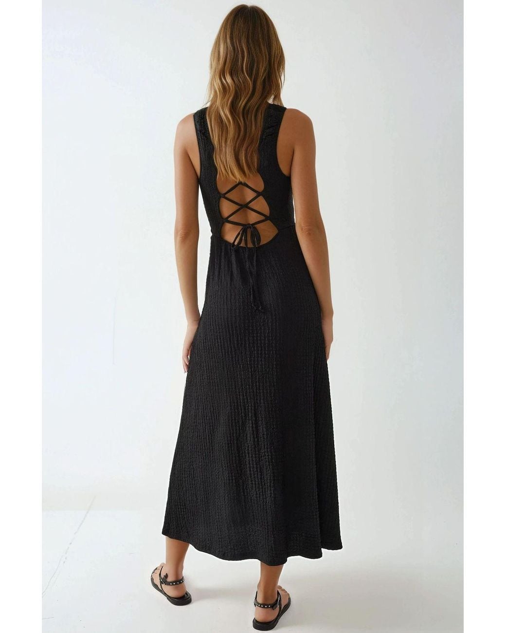 Hiccup Black Textured Midi Dress With Square Collar