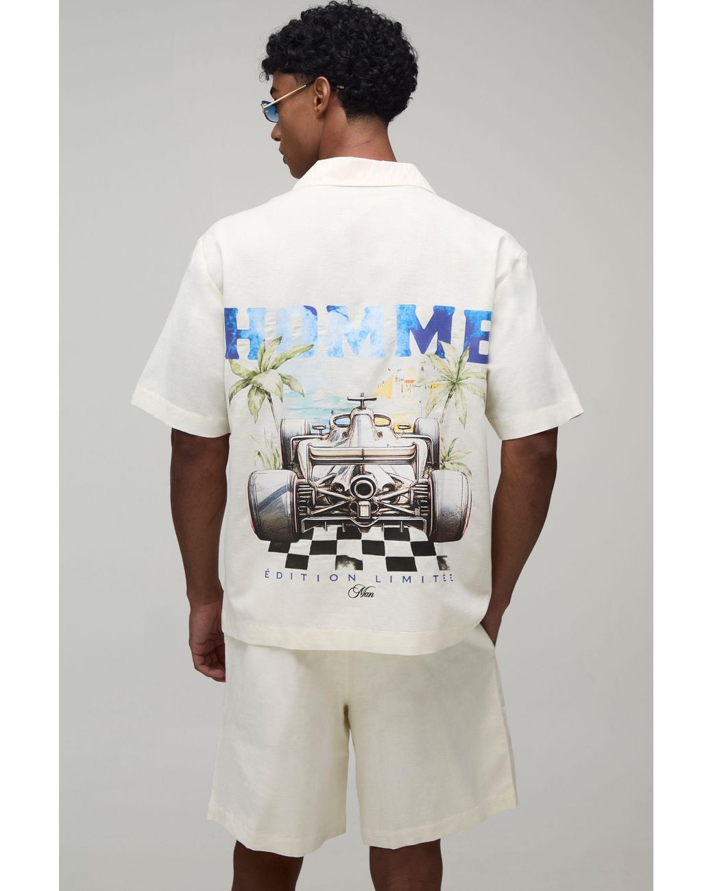BoohooMAN Gray Homme Racing Back Print Oversized Shirt & Short Set for men