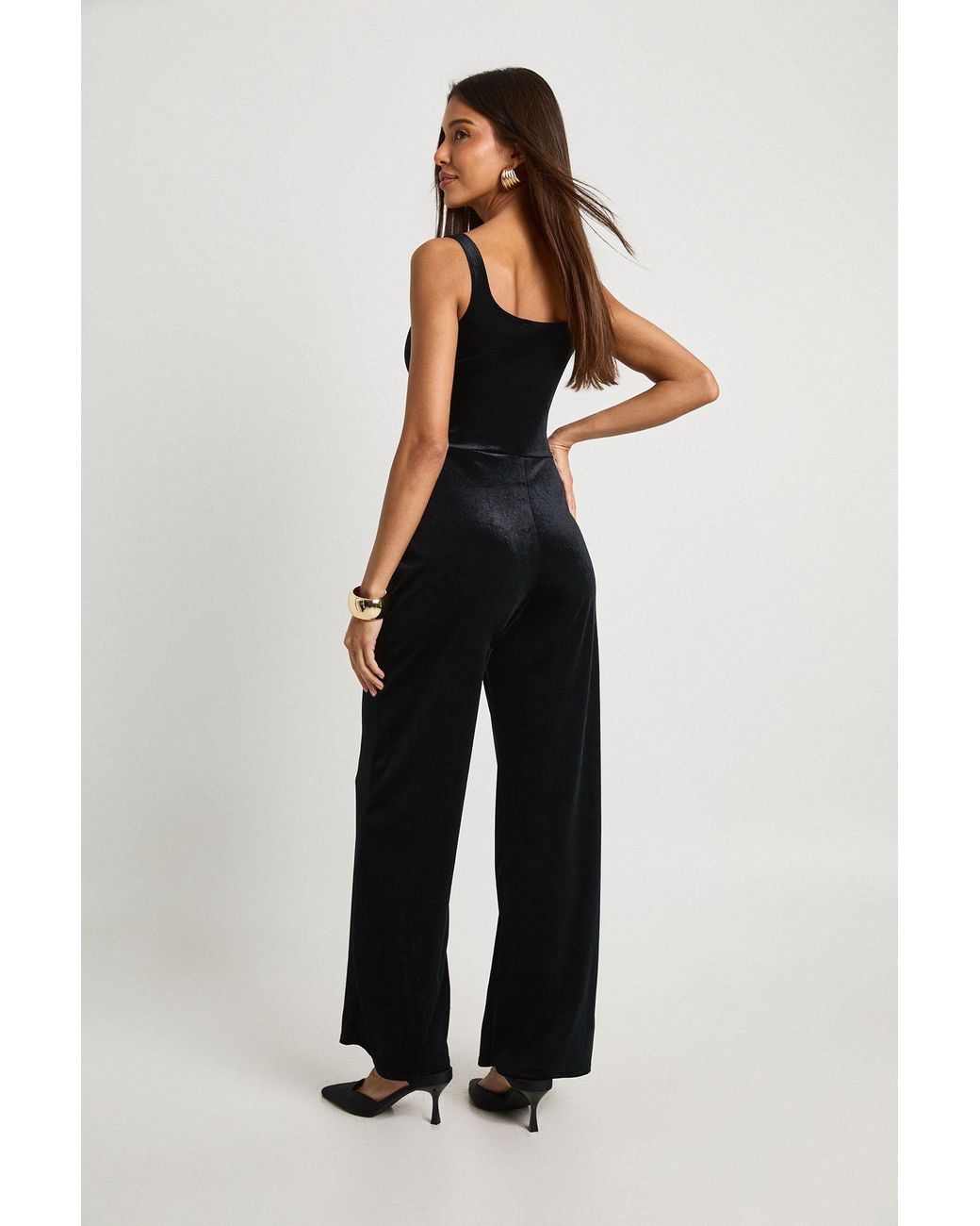 Boohoo Black Velvet Square Neck Wide Leg Jumpsuit
