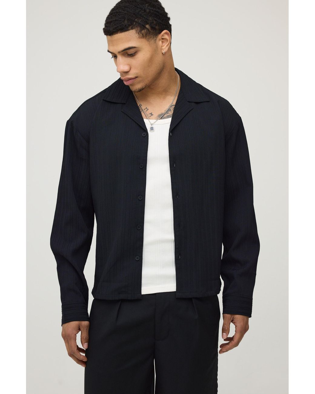 BoohooMAN Blue Boxy Crop Fit Long Sleeve Irregular Pleat Overshirt for men