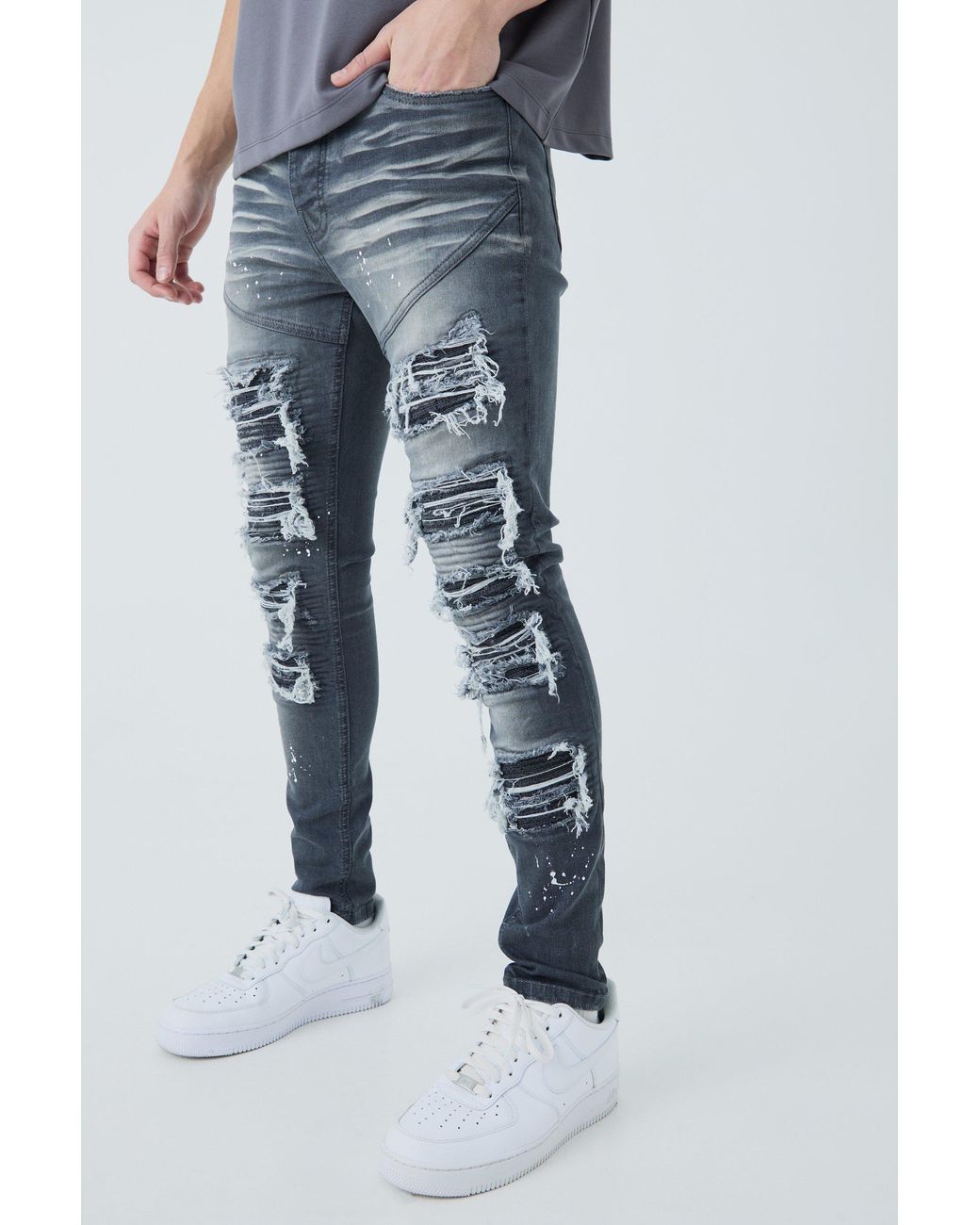 BoohooMAN Blue Super Skinny Biker Rip & Repair Paint Splatter Jeans for men