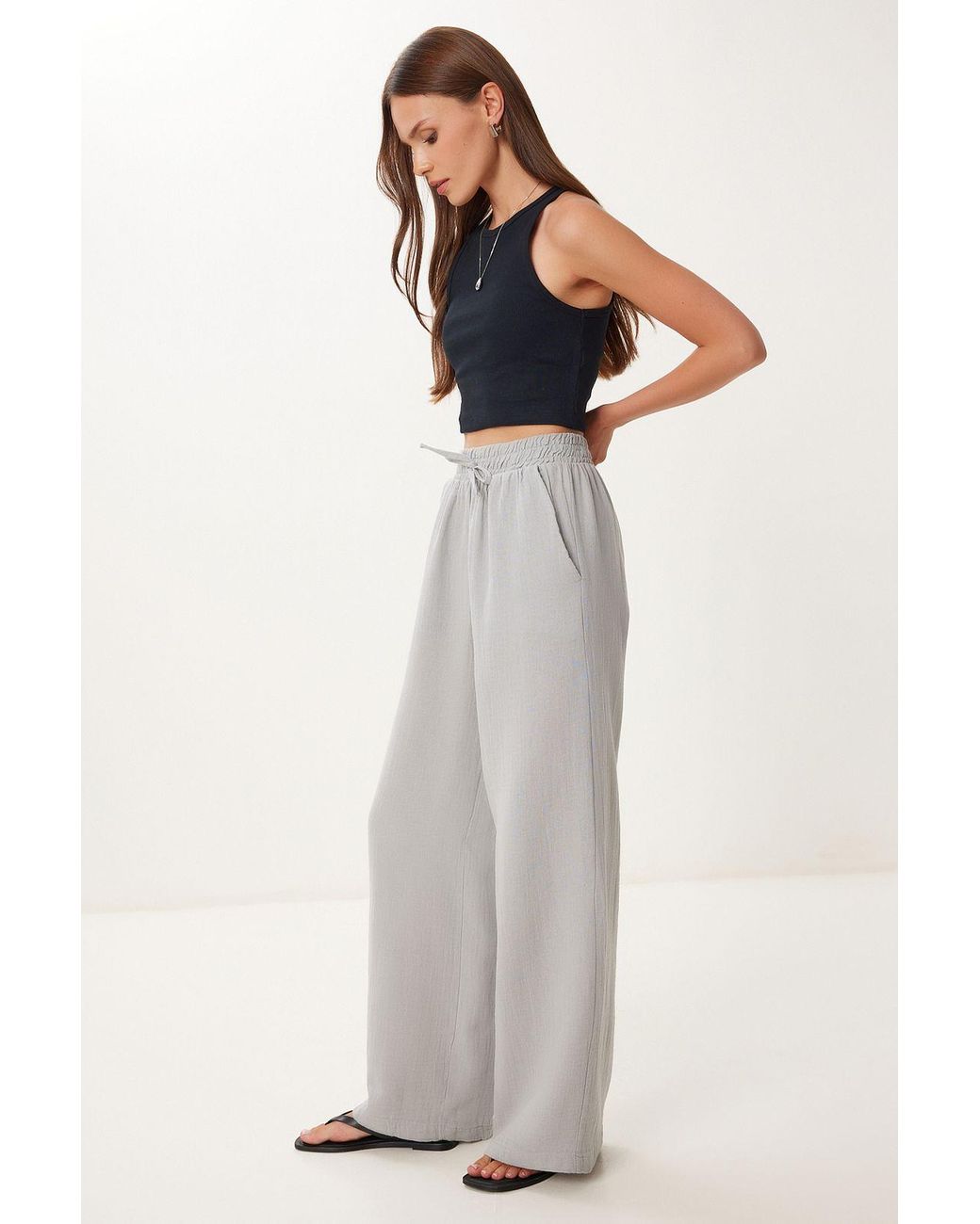 Happiness İstanbul White Wide Leg Drawstring Waist Pants With Binding Detail