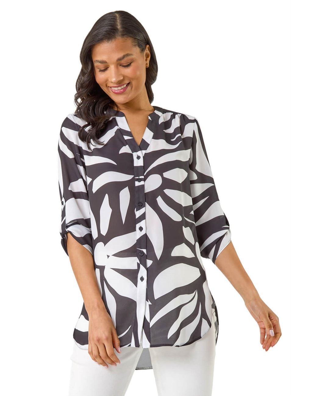 Roman Black Mono Print Button Front Blouse