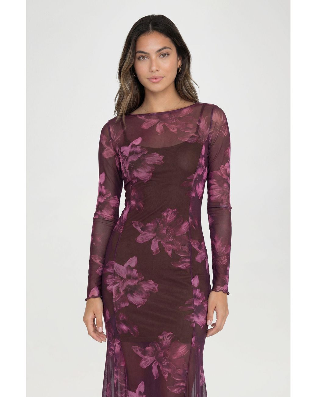 Boohoo Red Tall Slash Neck Floral Print Godet Hem Midaxi Dress