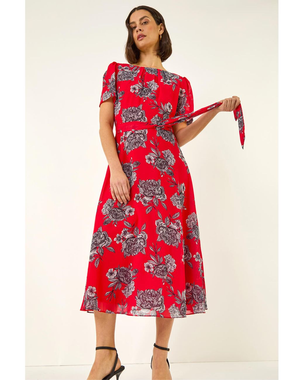 Roman Red Floral Print Stretch Pleated Dress