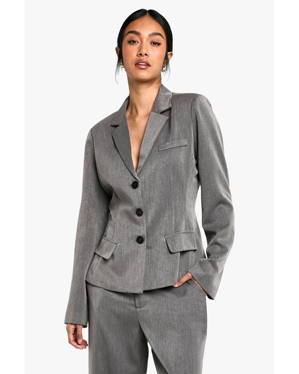 Boohoo Gray Cinched Waist Tailored Blazer