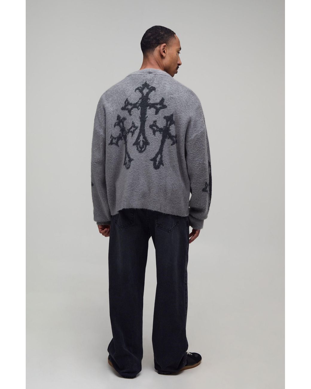 BoohooMAN Gray Relaxed Boxy Brushed Gothic Cross Knitted Cardigan for men