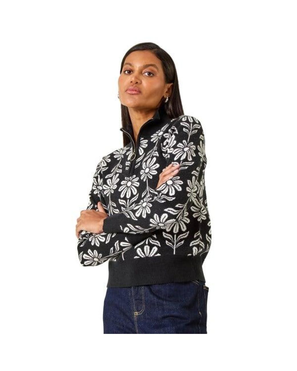 Roman Black Floral Zip Front Jumper
