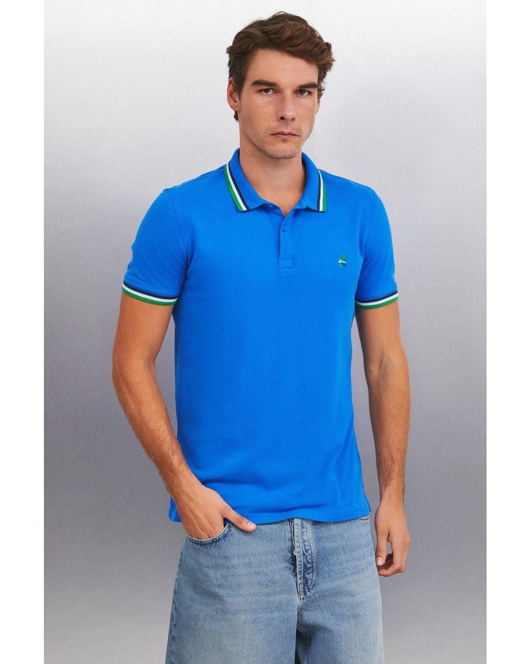 Grimelange Blue Polo Collar Button T-Shirt for men