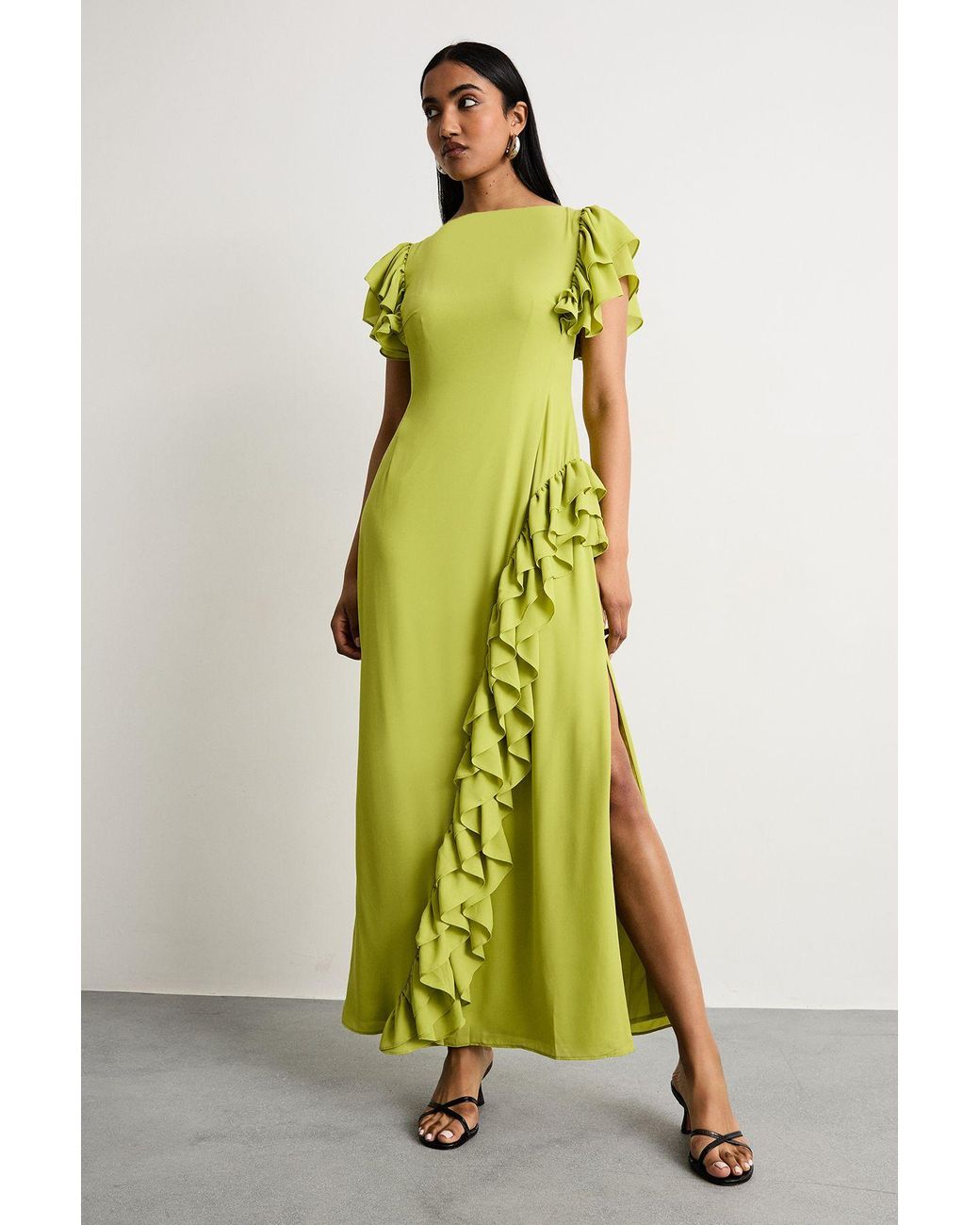 Warehouse Green Side Split Ruffle Detail Maxi Dress