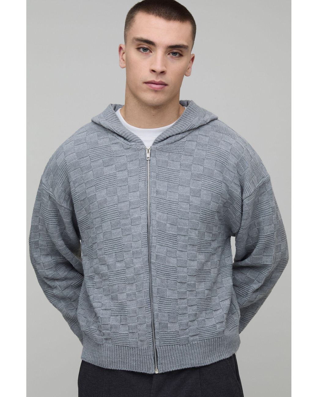 BoohooMAN Gray Boxy Fit Soft Touch Basketweave Knitted Hoodie for men