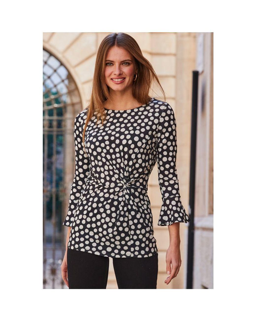 Sosandar Black Spot Print Twist Front Fluted Sleeve Top