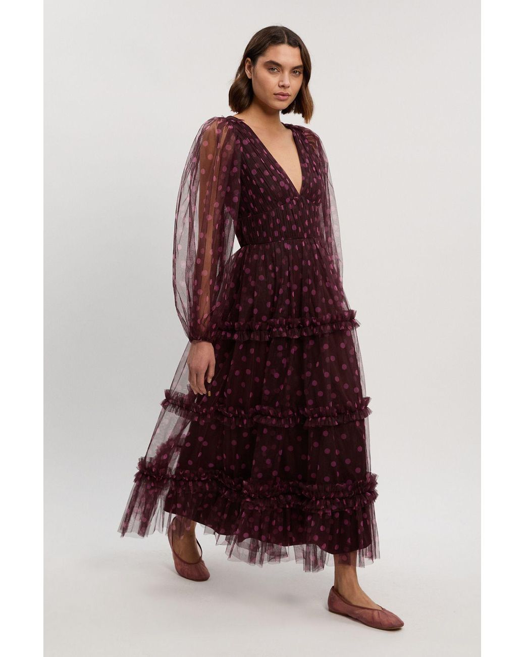 Karen Millen Red Polka Dot Tulle Plunge Balloon Sleeve Maxi Dress