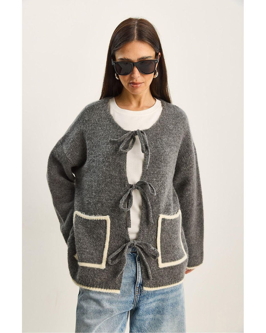 Bianco Lucci Gray Oversized Knit Cardigan With Tie Closure