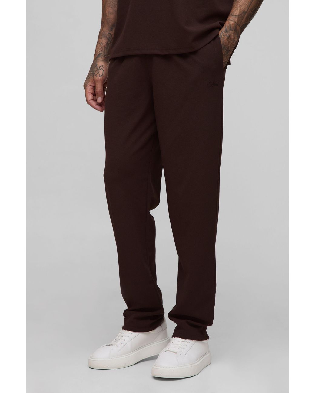BoohooMAN Brown Tall Scuba Twill Tapered Pants for men