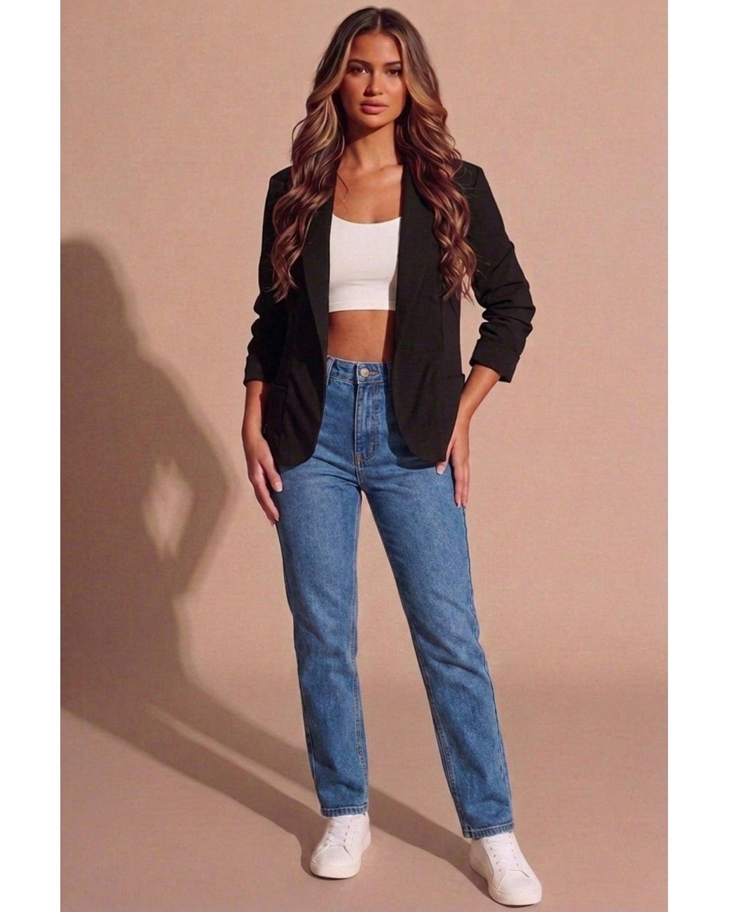 Femme Luxe Blue Ruched Sleeve Tailored Open Front Blazer