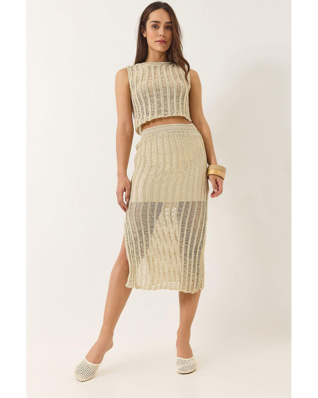 Bianco Lucci Natural Textured Knitwear Two-Piece Set With Slit