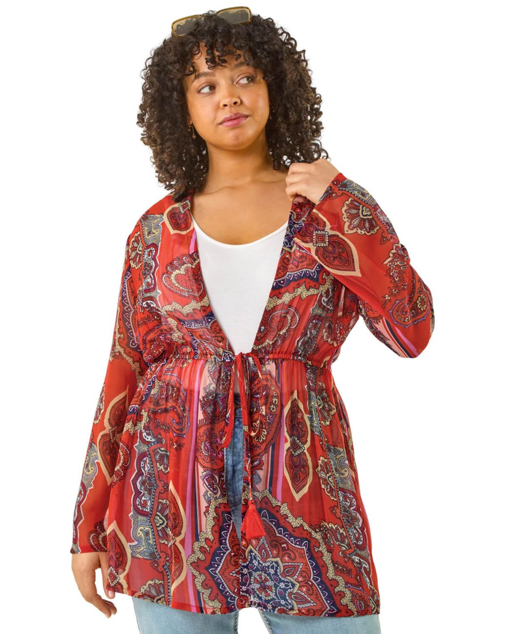 Roman Red Curve Paisley Tie Front Kimono