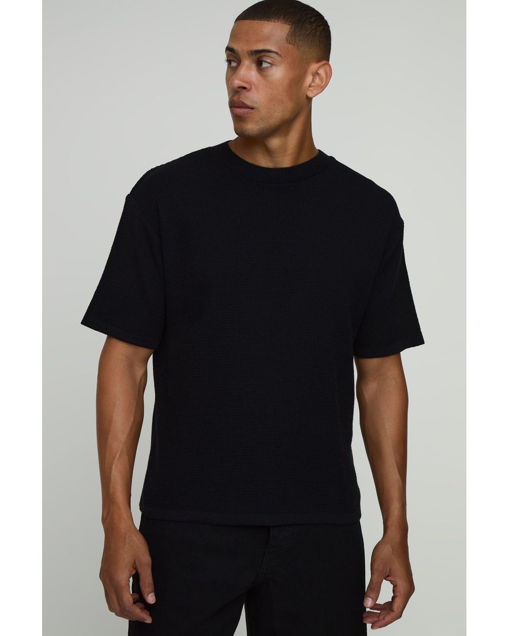 BoohooMAN Black Regular Fit Waffle Knitted T-Shirt for men