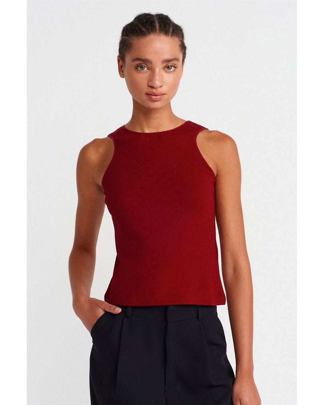 Dilvin Red Fitted Ribbed Sleeveless Blouse
