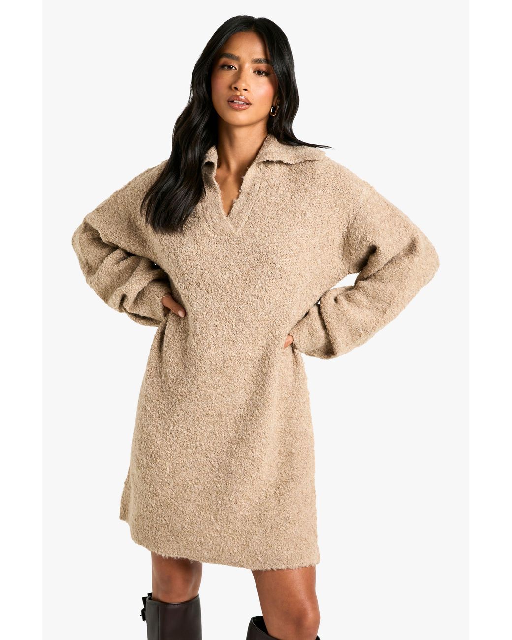 Boohoo Natural Petite Borg Oversized Collar Detail Mini Dress