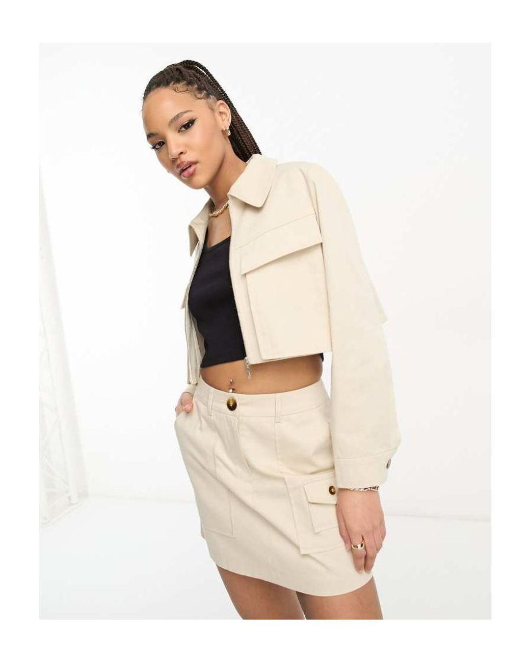 Miss Selfridge Cargo Pocket Utility Crop Jacket Co Ord in Natural Lyst UK