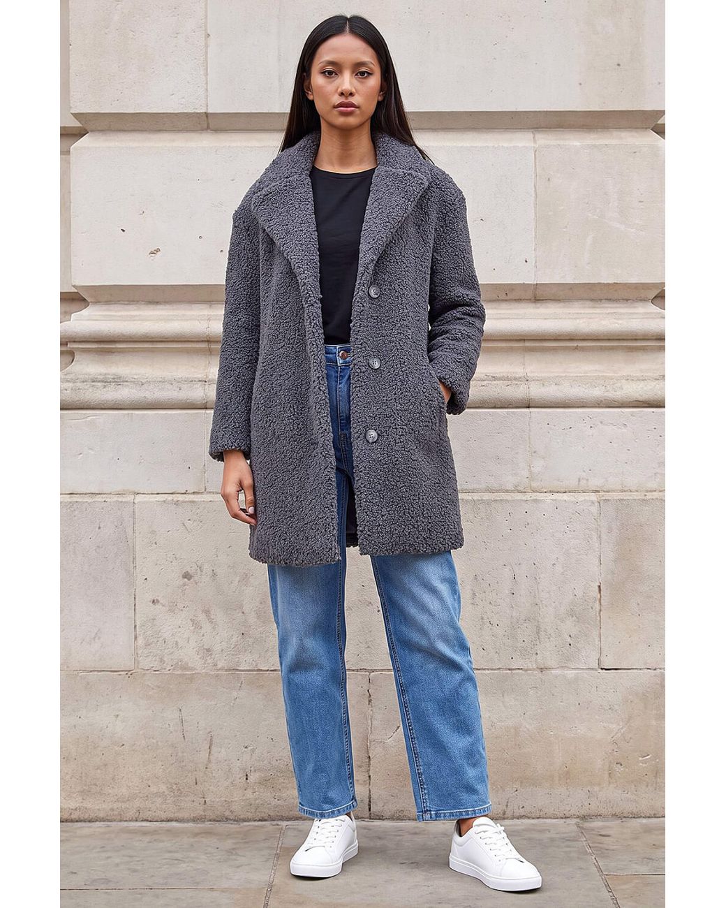 Roman Gray Petite Teddy Longline Coat
