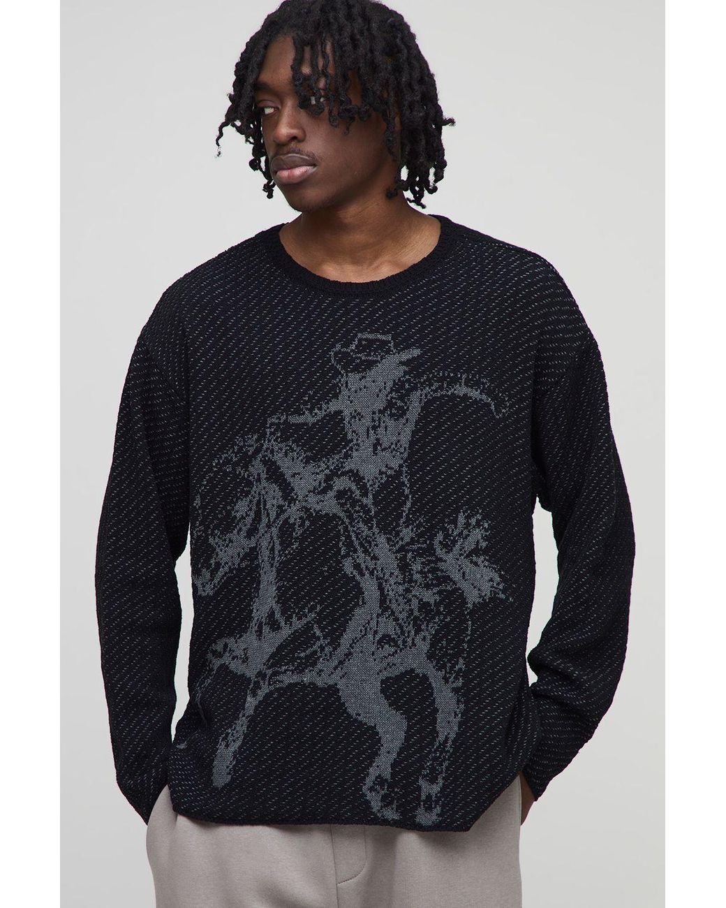 BoohooMAN Blue Oversized Long Sleeve Textured Western Knitted T-Shirt for men