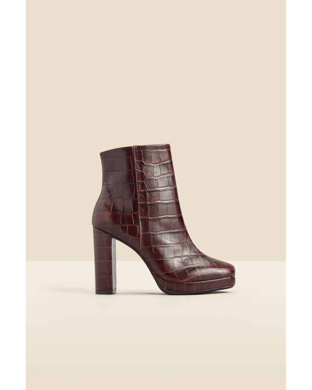 Sosandar Natural Chocolate Croc Leather Block Heel Platform Ankle Boot